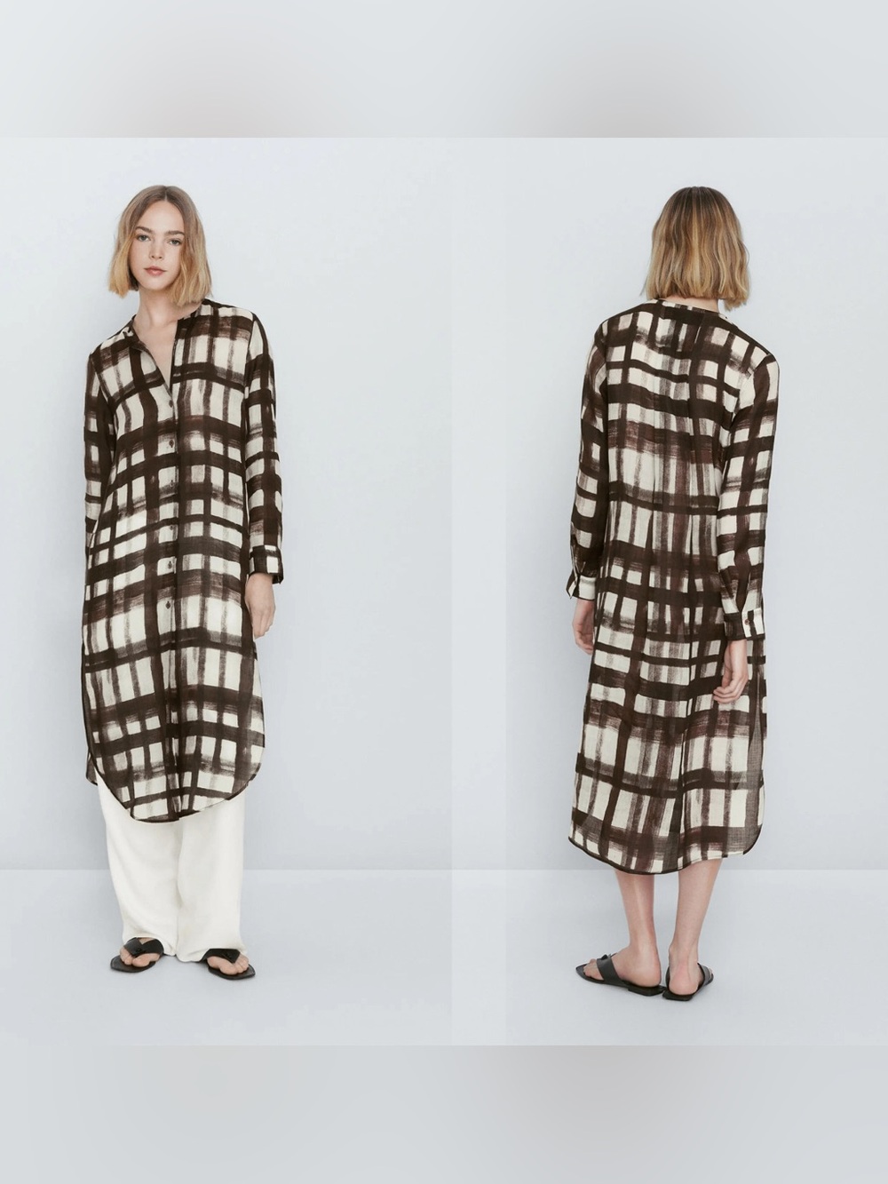 Massimo Dutti Button Down Midi Shirt Dress Semi Sheer Ramie Brown Plaid 8